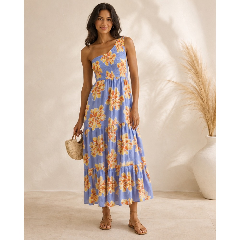 Abel The Label Blue Floral One Shoulder Smocked Tiered Maxi Dress Womens Small